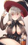  adapted_costume bare_shoulders breasts cleavage commentary dark_sakura elbow_gloves fate/stay_night fate_(series) gloves granblue_fantasy hair_ribbon halloween hat heart heart-shaped_pupils highres holding i.f.s.f large_breasts long_hair magisa_(granblue_fantasy) matou_sakura red_eyes ribbon silver_hair simple_background sitting solo symbol-shaped_pupils tongue tongue_out twitter_username witch_hat 