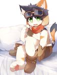 anthro bed blush cat clothed clothing cub eyewear feline footwear goggles green_eyes hindpaw kemono looking_at_viewer mammal nekojita open_mouth paws pillow scarf shoes sitting solo sweat topless young 