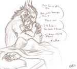  charr cuddling dialogue english_text feline female guild_wars larger_male male mammal size_difference sketch text vampirekitty video_games 
