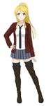  ayase_eli bad_id bad_pixiv_id black_legwear black_neckwear blonde_hair blue_eyes boots brown_footwear grey_skirt hair_ornament hand_on_hip leather leather_boots long_hair love_live! love_live!_school_idol_project necktie pleated_skirt ponytail shirt shishamo_(scholacco) simple_background skirt smile solo thigh_boots thighhighs white_background white_shirt zettai_ryouiki 