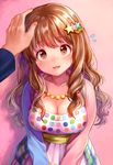  :3 blush breasts brown_eyes brown_hair cleavage dress flying_sweatdrops hair_ornament hand_on_another's_head idolmaster idolmaster_cinderella_girls jewelry large_breasts long_hair looking_at_viewer mismatched_sleeves moroboshi_kirari multicolored multicolored_polka_dots necklace nishizawa open_mouth out_of_frame petting polka_dot pov pov_hands smile solo_focus star star_hair_ornament v_arms 