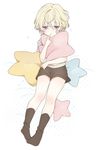  1boy blonde_hair body_blush brown_legwear child finger_to_mouth kneehighs lavender_eyes little_twin_stars male_focus nishimiya_ryou parted_lips pillow purple_eyes rochmaya sanrio sanrio_danshi short_shorts shorts simple_background solo star white_background 