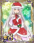  bare_shoulders bell box breasts card_(medium) character_request cleavage gift gift_box gloves hat heterochromia holding holding_box long_hair looking_at_viewer medium_breasts number official_art red_eyes red_gloves red_hat santa_gloves santa_hat silver_hair smile solo star sword_art_online sword_art_online:_code_register very_long_hair yellow_eyes 