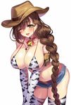  bell bell_collar bikini_top blue_shorts blush braid breasts brown_eyes brown_hair collar cowboy_hat denim denim_shorts elbow_gloves gan_(shanimuni) gloves hair_ornament hat highres huge_breasts kanpani_girls long_hair mole mole_under_eye open_mouth shirayuri_sakura shorts simple_background single_braid smile solo thighhighs white_background 