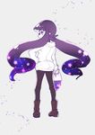  amamiya_yuumu bad_id bad_pixiv_id bangs black_legwear blunt_bangs boots domino_mask earrings from_behind full_body hand_on_hip holding holding_weapon inkling jacket jewelry long_hair looking_at_viewer looking_back luna_blaster_(splatoon) mask monochrome pantyhose pointy_ears smirk solo splatoon_(series) splatoon_1 standing star tentacle_hair twitter_username weapon 