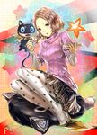  brown_eyes brown_hair cup floral_print hourainingyou morgana_(persona_5) no_shoes okumura_haru pantyhose persona persona_5 print_legwear short_hair shuujin_academy_uniform star star_print teacup turtleneck 