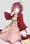  atelier_(series) atelier_firis atelier_sophie bad_id bad_pixiv_id brown_hair choker coat collared_coat corset cowboy_shot double-breasted grey_background hair_ornament head_scarf jewelry kuran_(yourcatissick) long_coat long_sleeves looking_at_viewer necklace pink_skirt red_coat short_hair skirt smile solo sophie_neuenmuller underbust wide_sleeves yellow_eyes 