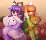  anthro canine clothed clothing coff duo feline female fur hair looking_at_viewer mammal pajamas smile teddy_bear 