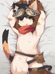  anthro armpits cat cub eyewear feline goggles looking_at_viewer lying male mammal mostly_nude nekojita on_back open_mouth raised_arm scarf solo young 
