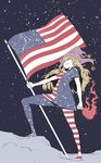  american_flag american_flag_dress american_flag_legwear blonde_hair clownpiece dress fire flag full_body hat jester_cap jpeg_artifacts long_hair pantyhose short_dress short_sleeves sky solo soramimi_(seiga) star star_(sky) star_print starry_sky striped torch touhou 