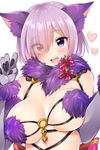  :d animal_ears breast_lift breasts claw_pose dangerous_beast elbow_gloves eyes_visible_through_hair fang fate/grand_order fate_(series) fur fur-trimmed_gloves fur_collar fur_trim gloves hair_over_one_eye halloween_costume heart large_breasts looking_at_viewer mash_kyrielight mio_(mgr300) o-ring o-ring_top open_mouth purple_eyes purple_hair revealing_clothes short_hair smile solo unaligned_breasts upper_body wolf_ears 