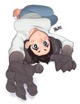  barefoot black_eyes black_hair blush breasts claws denim dera_(talez01) foreshortening horns jeans large_breasts legs_folded looking_at_viewer lying on_back original pants sheep_horns shirt short_hair solo talez01 taut_clothes taut_shirt upside-down 
