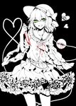  :d absurdres bad_id bad_pixiv_id blood bloody_hands bloody_tears bloody_weapon bow constricted_pupils cowboy_shot eyeball floral_print frilled_sleeves frills green_eyes hat hat_bow heart heart-shaped_pupils heart_of_string highres holding holding_knife knife komeiji_koishi limited_palette long_sleeves looking_at_viewer multiple_monochrome open_mouth sheya shirt short_hair skirt smile solo spot_color symbol-shaped_pupils third_eye touhou weapon wide_sleeves 