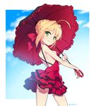  ahoge back blonde_hair braid cloud day dress eyebrows eyebrows_visible_through_hair fate/extra fate_(series) frilled_dress frills from_side green_eyes hair_bun hair_intakes hair_ribbon holding holding_umbrella layered_dress looking_at_viewer looking_to_the_side modern_costume_of_crimson nero_claudius_(fate) nero_claudius_(fate)_(all) parasol red_dress red_ribbon red_umbrella ribbon short_hair sidelocks smile solo twitter_username umbrella zn_(zzzzzni) 