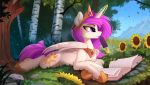  2018 book cutie_mark dessert digital_media_(artwork) edit equine feathered_wings feathers female feral flower food forest friendship_is_magic glowing hair hi_res horn ice_cream licking long_hair magic mammal mountain my_little_pony outside pink_hair plant princess_celestia_(mlp) sky solo sunflower telekinesis tongue tongue_out tree white_feathers winged_unicorn wings yakovlev-vad 