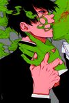  asphyxiation biting black_eyes black_hair blood chikuwa_(dr0603) ekubo_(mob_psycho_100) eyelashes fingernails grey_background half-closed_eyes highres holding_hand kageyama_ritsu long_sleeves looking_at_another male_focus mob_psycho_100 profile red_skin shade simple_background smoke strangling teeth upper_body 