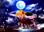  :d ascot black_skirt black_vest blonde_hair commentary_request fireflies flying full_body full_moon hair_ribbon highres lake long_sleeves looking_at_viewer mary_janes misty_lake moon moonlight night night_sky open_mouth outdoors outstretched_arms red_eyes red_footwear red_ribbon ribbon rumia sakipsakip shirt shoes short_hair skirt skirt_set sky smile solo spread_arms touhou vest white_shirt 