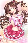  2016 :d bow breasts brown_eyes brown_hair curly_hair dated double_v earrings flower_earrings hair_bow idolmaster idolmaster_cinderella_girls jewelry jumping layered_skirt long_hair looking_at_viewer medium_breasts midriff mio_(mgr300) navel one_side_up open_mouth pink_check_school plaid plaid_bow pleated_skirt shimamura_uzuki short_sleeves skirt smile solo sparkle v 
