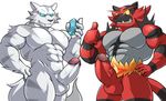  2016 abs anthro balls biceps blue_eyes canine duo fangs feline hybrid incineroar invalid_tag maldu male male/male mammal muscular muscular_male nintendo nude pecs penis pok&eacute;mon romantic_couple simple_background smile stripes teeth thumbs_up tiger vein video_games white_background wolf 