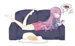  1girl absurdres barefoot cellphone couch egg elizabeth_bathory_(fate) elizabeth_bathory_(fate)_(all) eyebrows_visible_through_hair fang fate/extra fate/extra_ccc fate_(series) fried_egg girlish_number highres iphone karasuma_chitose_(girlish_number) litsvn long_hair lying nero_claudius_(fate) nero_claudius_(fate)_(all) on_stomach open_mouth phone purple_hair revision skirt smartphone solo tamamo_(fate)_(all) tamamo_no_mae_(fate) the_pose white_background 