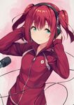  aqua_eyes bangs cable commentary_request hands_on_headphones headphones highres jacket kurosawa_ruby long_sleeves love_live! love_live!_sunshine!! microphone red_hair red_jacket siva_(executor) smile solo track_jacket two_side_up upper_body zipper 