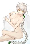  areolae asymmetrical_hair braid breasts collarbone crossed_legs highres jitome kantai_collection large_breasts light_smile long_hair looking_at_viewer nipples nude pen_(pen3) silver_hair single_braid sitting sketch solo unryuu_(kantai_collection) very_long_hair yellow_eyes 