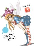  alternate_legwear american_flag_dress american_flag_legwear bent_over blonde_hair character_name closed_mouth clownpiece dated fairy_wings full_body hat inuno_rakugaki jester_cap long_hair looking_at_viewer neck_ruff polka_dot red_eyes short_sleeves simple_background smile solo star star_print striped thighhighs touhou white_background wings 