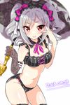  2016 bikini black_bikini blurry dated depth_of_field detached_collar drill_hair elbow_gloves gloves gothic_lolita hairband hand_on_own_face idolmaster idolmaster_cinderella_girls kanzaki_ranko lace lace_gloves lolita_fashion lolita_hairband looking_at_viewer mio_(mgr300) parasol red_eyes ribbon-trimmed_bikini ribbon-trimmed_gloves ribbon_trim silver_hair single_elbow_glove smile solo sparkle striped swimsuit twin_drills umbrella vertical-striped_bikini vertical_stripes 