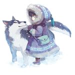  animal bag bangs blue_eyes boots child closed_mouth coat eye_contact eyelashes fur_trim hood hood_up hooded_jacket jacket long_sleeves looking_at_another looking_at_viewer mittens original profile ryouma_(888) shoulder_bag smile snow snowing standing stitches tassel white_background winter_clothes wolf 