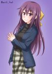  1girl alternate_costume anti_(untea9) black_sweater blazer blue_jacket bow commentary_request cowboy_shot grey_skirt hair_bow hands_together highres jacket kamikaze_(kantai_collection) kantai_collection long_hair looking_at_viewer plaid plaid_skirt purple_background purple_eyes purple_hair simple_background skirt smile solo sweater turtleneck twitter_username yellow_bow 
