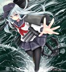  anchor anchor_symbol black_legwear blue_eyes closed_mouth commentary_request eyebrows eyebrows_visible_through_hair flat_cap hat hibiki_(kantai_collection) kantai_collection long_hair long_sleeves looking_at_viewer narushima_kanna neckerchief outstretched_arm pantyhose pleated_skirt school_uniform serafuku silver_hair skirt solo 