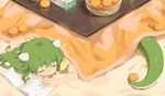 blush character_request closed_eyes dragon_horns dragon_tail eyebrows_visible_through_hair food fruit green_hair highres horn horns looking_away medium_hair monosenbei notebook open_mouth orange paper shirt sleeping smile solo tail yellow_shirt 