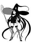  absurdly_long_hair black_legwear breasts cleavage dress full_body fur_trim greyscale hand_on_hip hat high_heels holding ken_(koala) large_breasts long_hair looking_at_viewer monochrome original short_dress simple_background smile solo staff standing thighhighs very_long_hair white_background witch_hat zettai_ryouiki 