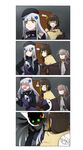  &gt;_o 3girls 4koma absurdres angry bangs beret black_hat black_jacket black_skirt blue_hair blunt_bangs blush brown_hair brown_shirt comic cross_hair_ornament dart door eyepatch girls_frontline gloves glowing glowing_eyes green_eyes grey_hair gun hair_between_eyes hair_ornament handgun hat highres hk416_(girls_frontline) jacket long_hair long_sleeves m16a1_(girls_frontline) multicolored_hair multiple_girls one_eye_closed one_side_up open_mouth phone pistol scar scar_across_eye shaded_face sharp_teeth shirt silver_hair skirt smile smoke sparkle streaked_hair surprised sweat teeth ump45_(girls_frontline) weapon white_gloves white_shirt xiujia_yihuizi 