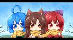  :&gt; ahoge animal_ears bare_tree blue_eyes blue_hair blue_sky blush_stickers bow brown_eyes brown_hair chibi day eyebrows eyebrows_visible_through_hair grass_root_youkai_network hair_between_eyes hair_bow head_fins highres imaizumi_kagerou long_hair multiple_girls purple_bow red_eyes red_hair scarf sekibanki shared_scarf short_hair sky totoharu_(kujirai_minato) touhou tree upper_body wakasagihime wolf_ears yellow_scarf 