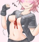  between_breasts black_gloves blush breasts fingerless_gloves gloves groin head_out_of_frame jack_(slaintheva) kantai_collection kinu_(kantai_collection) medium_breasts navel no_bra open_clothes open_mouth open_shirt pantyhose red_hair remodel_(kantai_collection) shirt short_hair solo 