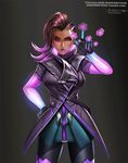  animated animated_gif badcompzero black_background black_gloves breasts brown_hair fingerless_gloves gloves hand_on_hip invisible large_breasts lipstick long_hair makeup mole mole_under_eye overwatch purple_eyes purple_lipstick signature solo sombra_(overwatch) 