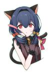  1girl animal_ears bangs bell black_gloves black_shirt blue_hair blush bow cat_ears cat_tail cat_teaser commentary gloves hair_between_eyes hair_bow highres holding_toy idolmaster idolmaster_shiny_colors kemonomimi_mode looking_at_viewer morino_rinze necktie pandasiro parted_lips polka_dot polka_dot_bow polka_dot_neckwear red_bow red_eyes shirt short_hair simple_background sketch sleeveless solo tail tail_bell tail_bow tied_hair upper_body white_background wrist_cuffs yellow_bow 