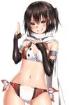  adapted_costume ass_visible_through_thighs bangs bikini black_gloves black_hair brown_eyes cowboy_shot elbow_gloves fingerless_gloves gloves grin hair_ornament kantai_collection keita_(tundereyuina) pose remodel_(kantai_collection) scarf sendai_(kantai_collection) short_hair side-tie_bikini smile solo standing swimsuit teeth two_side_up white_scarf 