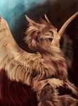  ambiguous_gender brown_hair claws dragon feathered_wings feathers feral fur furred_dragon gradient_background green_eyes hair isvoc nude simple_background solo tan_fur traditional_media_(artwork) wings 