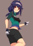  adapted_costume ass bike_jersey bike_shorts black_shorts from_behind gloves green_shirt hairband hakuhou_(ende_der_welt) highres kantai_collection long_hair looking_at_viewer looking_back low_twintails purple_hair red_eyes ryuuhou_(kantai_collection) shirt shorts smile standing standing_on_one_leg taigei_(kantai_collection) twintails 