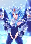  armor blue_hair blue_leotard cosplay duel_monster flat_chest highres leotard mashiroheart neptune_(series) parody red_eyes short_hair_with_long_locks trishula_dragon_of_the_ice_barrier white_heart yuu-gi-ou 