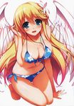  angel_wings bare_shoulders bikini blonde_hair blue_eyes blush breasts cleavage cross cross_necklace elise_(koakuma_teeri_to_kyuuseishu!?) flower hair_flower hair_ornament highres huge_breasts jewelry kneeling koakuma_teeri_to_kyuuseishu!? long_hair necklace non-web_source open_mouth scan side-tie_bikini smile solo swimsuit thigh_gap tomose_shunsaku white_background wings 