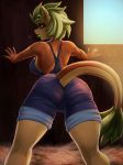  2019 anthro butt butt_focus clothed clothing fan_character female fingers general-irrelevant green_eyes green_tongue hair hay hi_res inside looking_back non_toxic_(oc) open_mouth rear_view solo sweat tatzlpony 