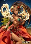  ;) beach bead_bracelet beads blue_eyes bracelet breasts brown_hair chain_chronicle commentary_request dancer dancing dark_skin facial_tattoo flower grin i-la jewelry large_breasts leaf lei long_hair looking_at_viewer navel necklace night night_sky official_art one_eye_closed original pelvic_curtain plumeria ponytail sarong shell shell_bikini sideboob sky smile solo star_(sky) starry_sky stomach sweat tattoo torch underboob very_long_hair 