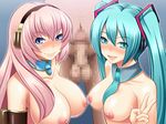  2girls areolae blue_eyes blush breasts censored detached_collar erection green_hair hatsune_miku headphones highres huge_breasts large_breasts long_hair looking_at_viewer megurine_luka miyamaya mosaic_censoring multiple_girls nipples nude parted_lips penis pink_hair smile sweat twintails upper_body v vocaloid 