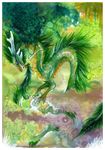  ambiguous_gender claws dragon eastern_dragon feral green_hair hair isvoc mane nude open_mouth painting solo teeth tongue traditional_media_(artwork) 
