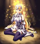  bare_shoulders black_legwear blonde_hair blue_eyes breasts breasts_apart drogoth fate/apocrypha fate/grand_order fate_(series) gauntlets highres jeanne_d'arc_(fate) jeanne_d'arc_(fate)_(all) long_hair looking_at_viewer medium_breasts sheath sheathed shiny shiny_skin sitting solo sword very_long_hair weapon 