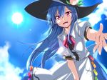  black_hat blouse blue_hair blue_skirt blue_sky bow bowtie buttons cloud day dress_shirt food frills fruit hat hemogurobin_a1c hinanawi_tenshi long_hair looking_at_viewer open_mouth outstretched_arm peach puffy_short_sleeves puffy_sleeves rainbow_order red_eyes shirt short_sleeves skirt sky solo sun teeth touhou white_blouse 