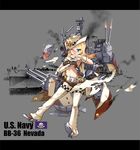  absurdres anchor armpits belt black_panties blonde_hair blue_eyes blush broken cannon cape chain character_name covered_nipples cowboy_hat damaged fire flag_of_the_united_states_navy full_body gloves hat highres machinery midriff military military_vehicle nevada_(zhan_jian_shao_nyu) official_art one_eye_closed open_mouth panties photo_background propeller radar remodel_(zhan_jian_shao_nyu) rigging ship sirills smoke solo star text_focus thighhighs torn_clothes turret underwear warship watercraft white_cape white_gloves white_hat white_legwear zhan_jian_shao_nyu 